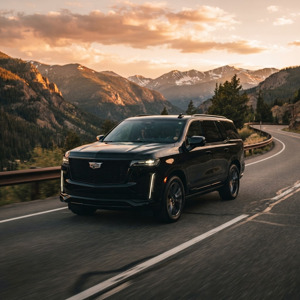 A black 2023 Cadillac Escalade ESV Sport driving along a Colorado mountain highway at sunset