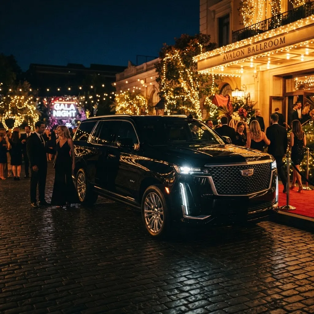 Black luxury SUV arriving at an evening event venue in Denver