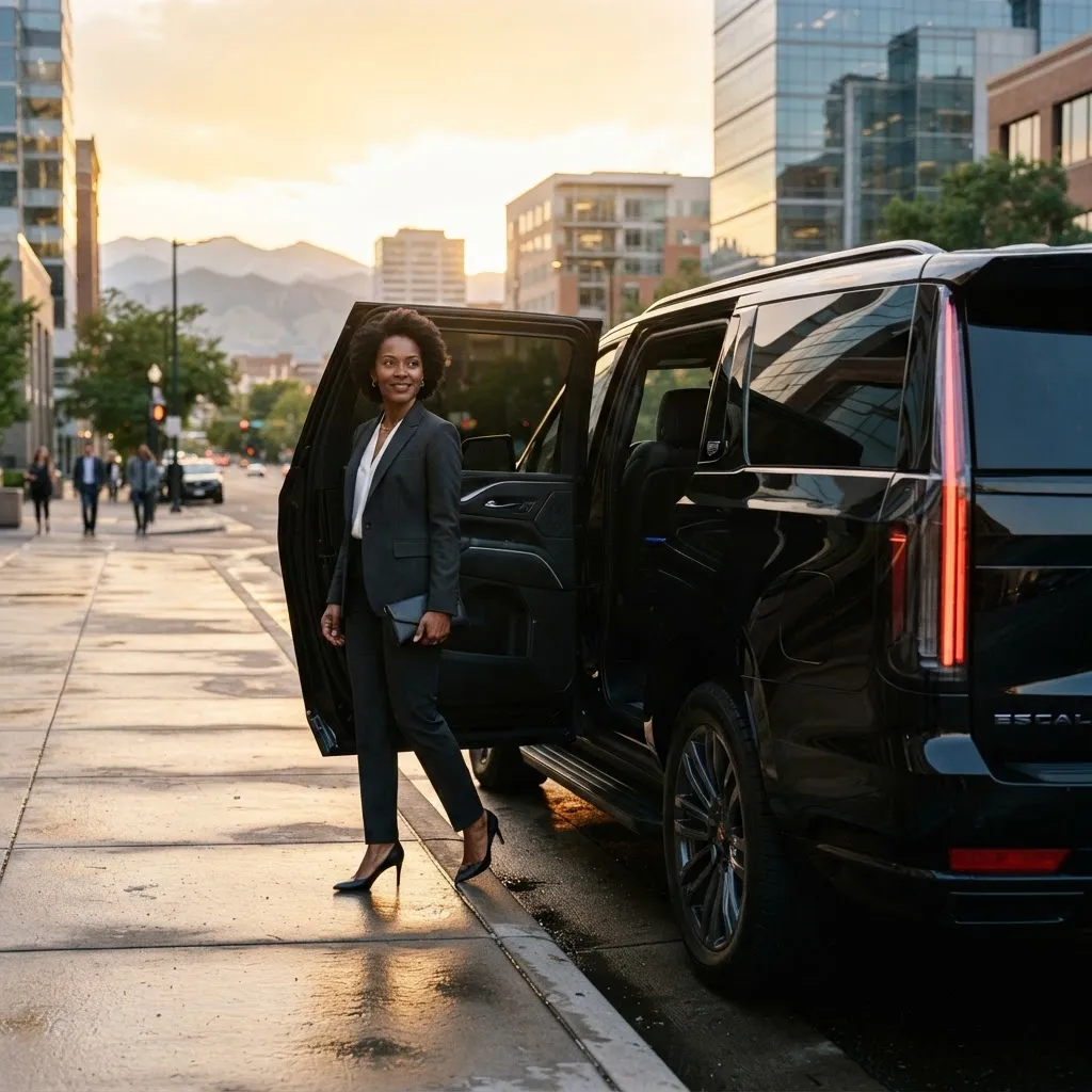 Chauffeur opening the rear door of a black Cadillac Escalade for a business traveler